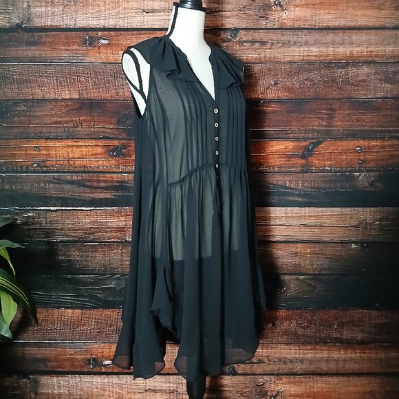 Anthropologie Akemi + Kin Tunic Top Size M Black Sheer Ruffle Pin Tuck Flowy - Picture 5 of 10